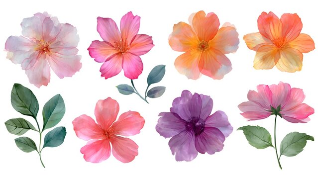 Colorful Watercolor Hibiscus Flowers Array with Green Leaves