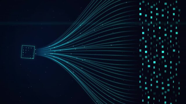 Abstract digital data stream flowing from a square into scattered blocks, representing information processing and technology, dark blue and teal abstract background.