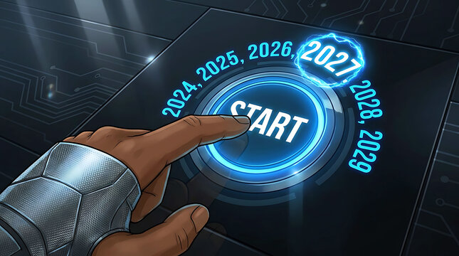 Futuristic robot hand pressing start button to launch new year 2027