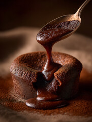 Fototapeta premium Molten chocolate cake with gooey center being spooned over