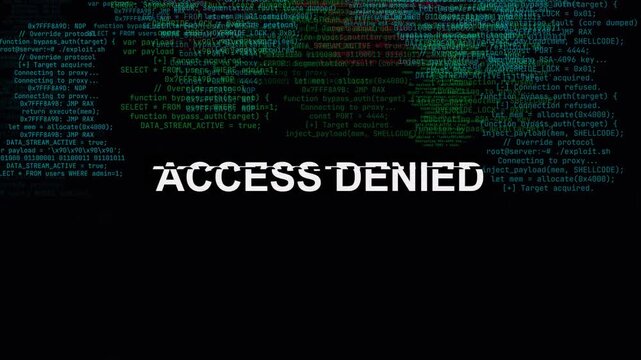 Programming code terminal interface scrolling with hacking error alerts like access denied and system compromised with digital glitch effects.