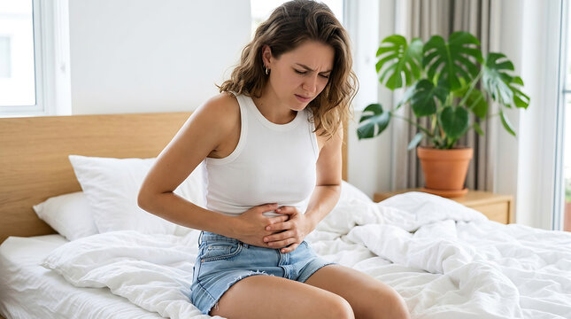 Young woman sitting on a white bed wearing casual summer clothes experiences sharp stomach pain while holding her abdomen with a pained expression and a very distressed look of discomfort.