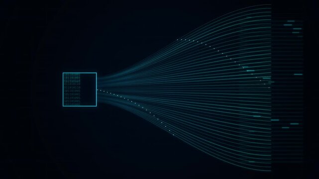 abstract digital data flow visualization showing a funnel of teal dots and lines on a dark background, representing information processing and network transfer