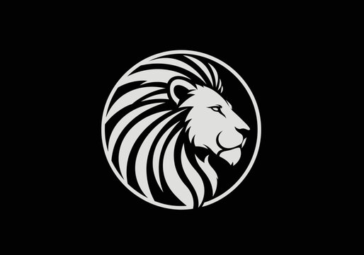 Stylized lion head logo in circular frame on black