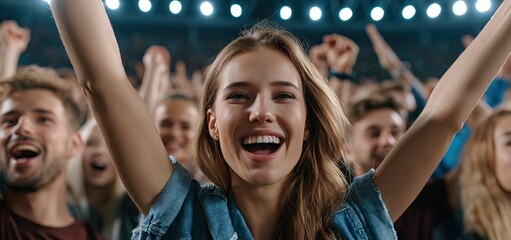 Fototapeta premium Diverse young sports fans celebrating with raised hands in a vibrant stadium during a night game.