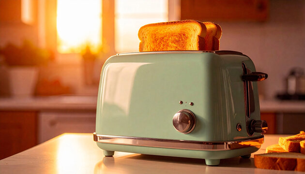 Turquoise retro toaster makes golden toast on clean kitchen counter. Warm light shines on appliance for breakfast. Old style gadget offers fresh bread slices
