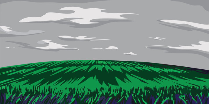 Dark stormy sky over a rolling green field with dramatic clouds and deep shadows in the landscape