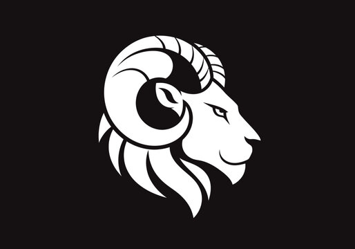 Stylized white ram head logo design on black background