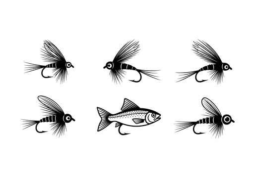 Black and White Illustration of Six Fly Fishing Lures and a Trout Silhouette on White Background