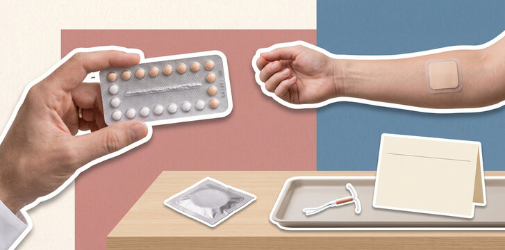 World Contraception Day Close-Up Collage with Pill Blister, Contraceptive Patch, Condom Packet, IUD Tray and Personal Choice Concept