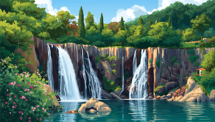 a majestic waterfall in the forest landscape © Pemuda