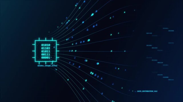 Abstract digital data stream emanating from a glowing turquoise microchip on a dark blue grid background, representing information processing and technology