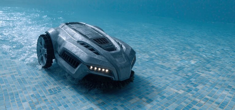 A robotic pool cleaner methodically scrubs blue tiles, ensuring a spotless and refreshing backyard pool environment.