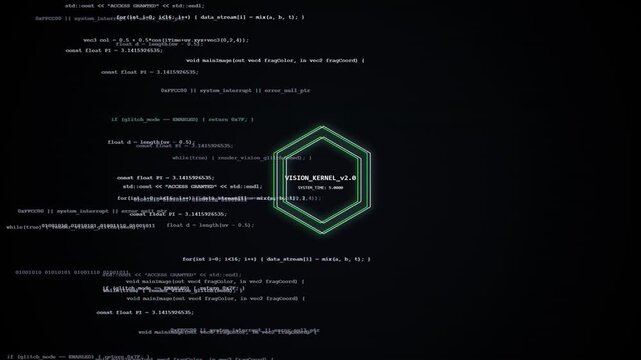 Abstract digital glitch effect with glowing hexagon and lines of code on dark background, technology and data concept