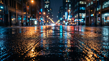 Obraz premium Night city street with rain reflections on asphalt and blurred urban lights