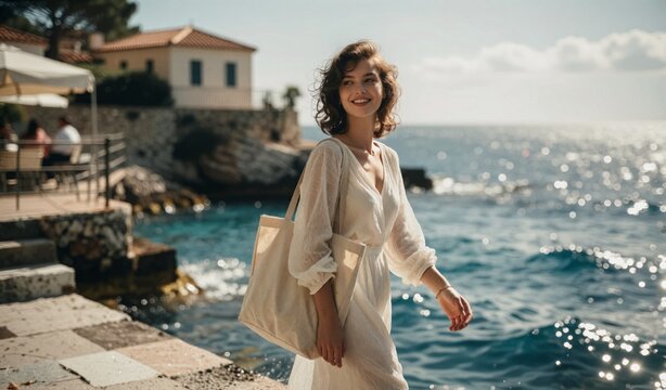 Beautiful Young Woman Walking By Mediterranean Sea Coastline Summer Vacation