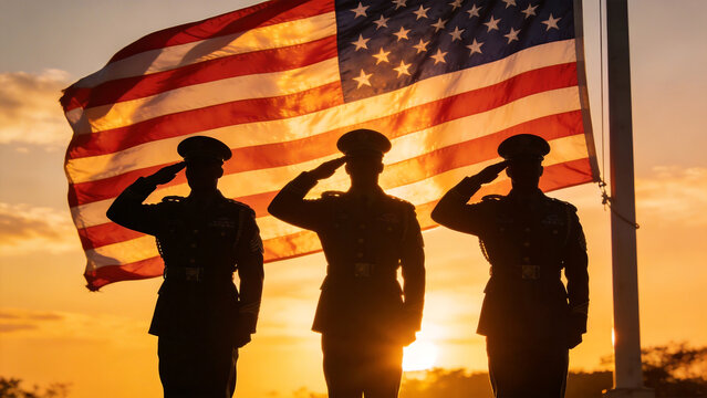 Soldiers saluting flag at sunset