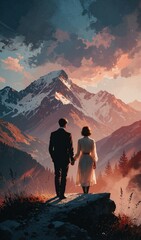Fototapeta premium Romantic Couple Sunset Mountain Landscape Silhouette Scenic Adventure Travel