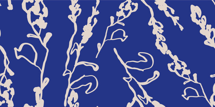 Hand-Drawn Floral Line Art Blue and White Background