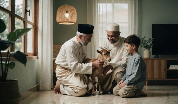 Elderly Man and Child with Goat in Traditional Home Setting