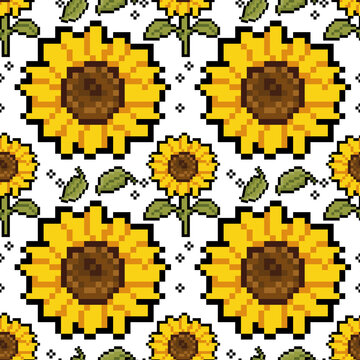 Retro 8-bit sunflower pixel art seamless background pattern with leaves