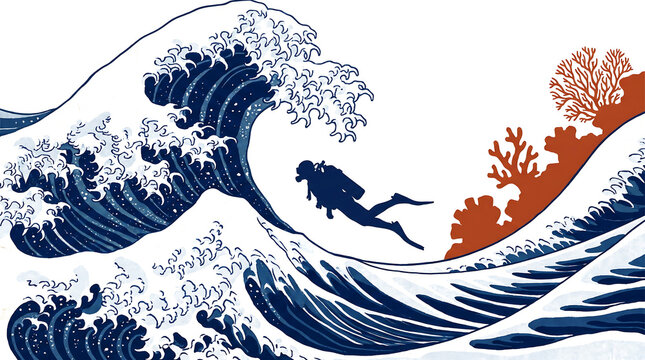 Scuba diver swimming through a stylized ocean wave in a Japanese art style