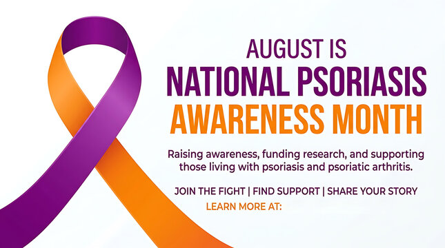 National psoriasis awareness month graphic with purple and orange ribbon