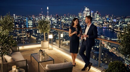 Fototapeta premium Couple Enjoying Drinks on a Rooftop Terrace Overlooking a City Skyline at Night.