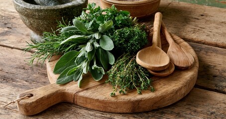Obraz premium Fresh herbs and kitchen tools arranged on a rustic wooden cutting board creating a cozy farmhouse kitchen scene.