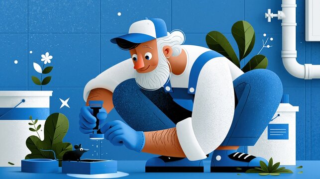 Ratcatcher's Day: Modern flat vector illustration of a professional pest control worker character inspecting a trap, corporate style, clean geometric shapes, blue and white color scheme