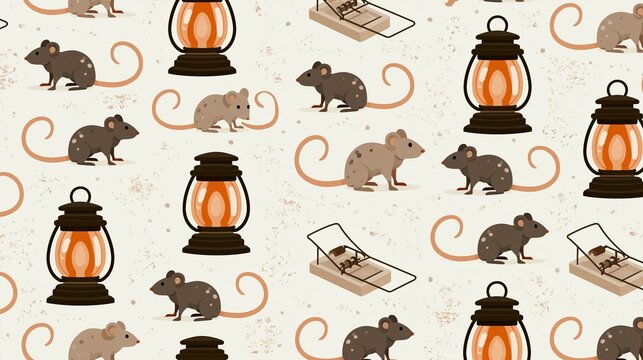 Ratcatcher's Day: Seamless flat vector pattern illustration featuring small rat trap and lantern icons repeated across background, muted two-tone color palette
