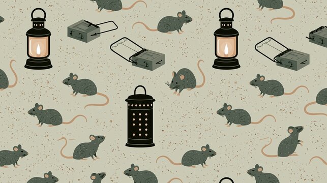 Ratcatcher's Day: Seamless flat vector pattern illustration featuring small rat trap and lantern icons repeated across background, muted two-tone color palette