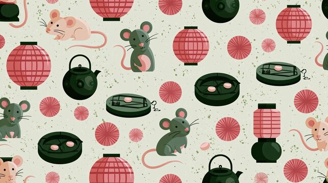 Ratcatcher's Day: Seamless flat vector pattern illustration featuring small rat trap and lantern icons repeated across background, muted two-tone color palette