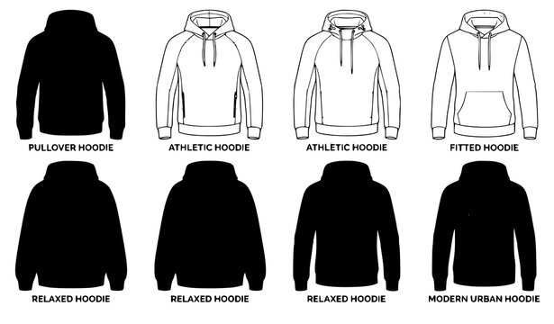 hoodie, mockup, apparel, fashion, clothing, sportswear, casual, mens, zipper, pullover, athletic, urban, garment, realistic, template, black, white, drawstring, cuffs, waistband, textile, outfit, coll