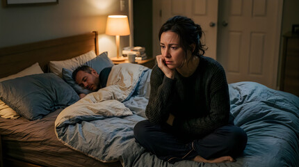 Fototapeta premium Sad woman sitting alone on her bed in a dark bedroom at night feeling lonely and depressed Vector