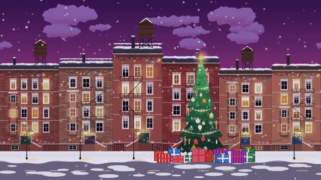 An animated Christmas city street glows warmly at night, adorned with festive decorations and falling snow.