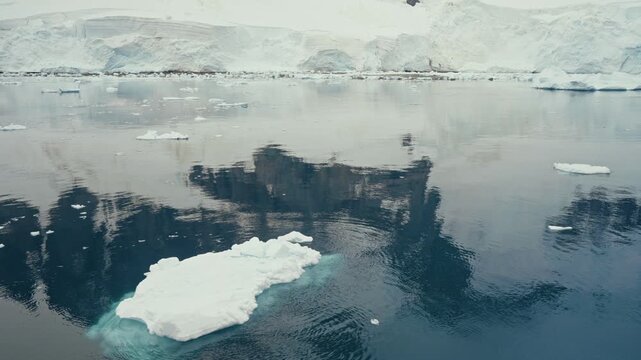 Snow covered mountain reflects on still water surrounded by scattered ice floes along Antarctica coast
