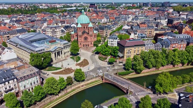 Saint-Pierre-le-Jeune Catholic Church, the Palace of Justice, Pont de la Fonderie and the Canal du Faux-Rempart define the boundary between Grande &Icirc;le and Neustadt in Strasbourg, Alsace, France, aeria