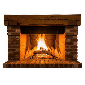 Lit brick fireplace with wood mantel and andirons isolated on a transparent background flames