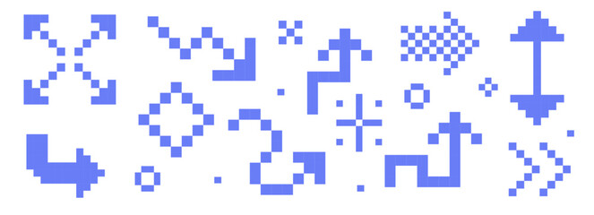 Retro blue pixel art arrow icons in 8 bit arcade style Y2K. Interface icon set. Geometric play buttons and retro game cursors. Trendy digital collection © Alyona