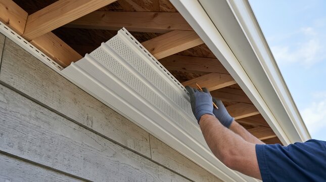Contractor Hands Installing White Vinyl Soffit Panel on Roof Eaves Exterior