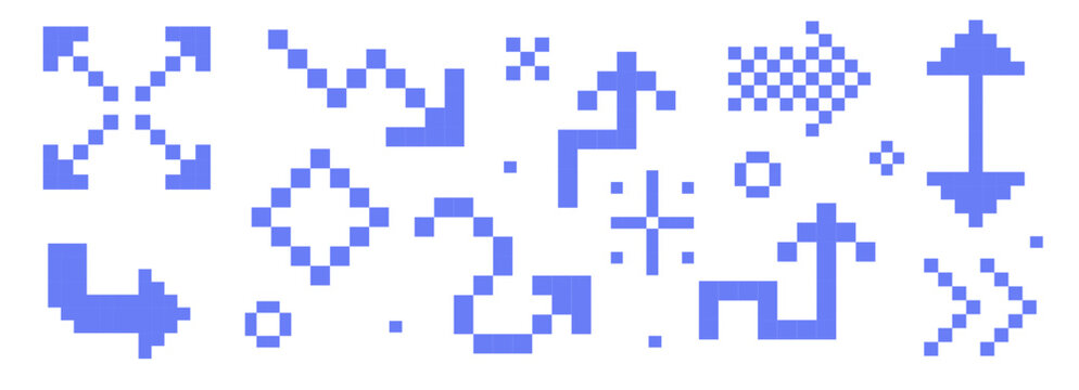Retro blue pixel art arrow icons in 8 bit arcade style Y2K. Interface icon set. Geometric play buttons and retro game cursors. Trendy digital collection