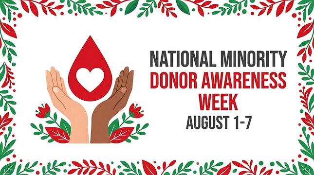 National minority donor awareness week floral hands illustration with donation