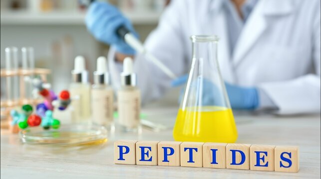 Peptides biotechnology laboratory research with scientist developing regenerative medicine and cosmetic skincare formulations