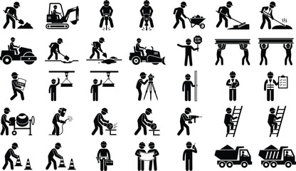 Construction Worker Silhouette Icon Set with Heavy Equipment Roadwork Tools and Industrial Safety Vector Collection © Moniruzzaman