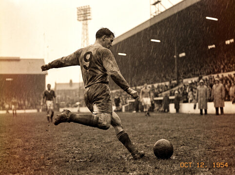 Vintage Soccer Player Action Shot Kicking Ball in Heavy Rain