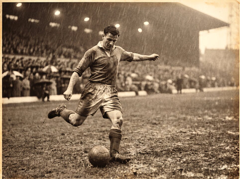 Vintage Action Shot of Footballer Kicking Ball in Heavy Rain