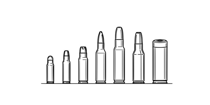 Bullet and Shell Casings Arranged in a Row with Varying Sizes and Designs Featuring Casing, Ammunition, Firearm with Weapon