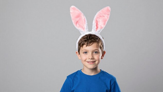 Smiling child wears fluffy bunny ears against a neutral background in studio shot