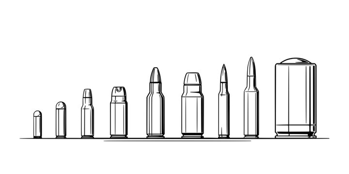 Bullets and Shell Casings Arranged in a Row with Varying Sizes and Shapes Featuring Bullet, Casing, Ammunition with Firearm